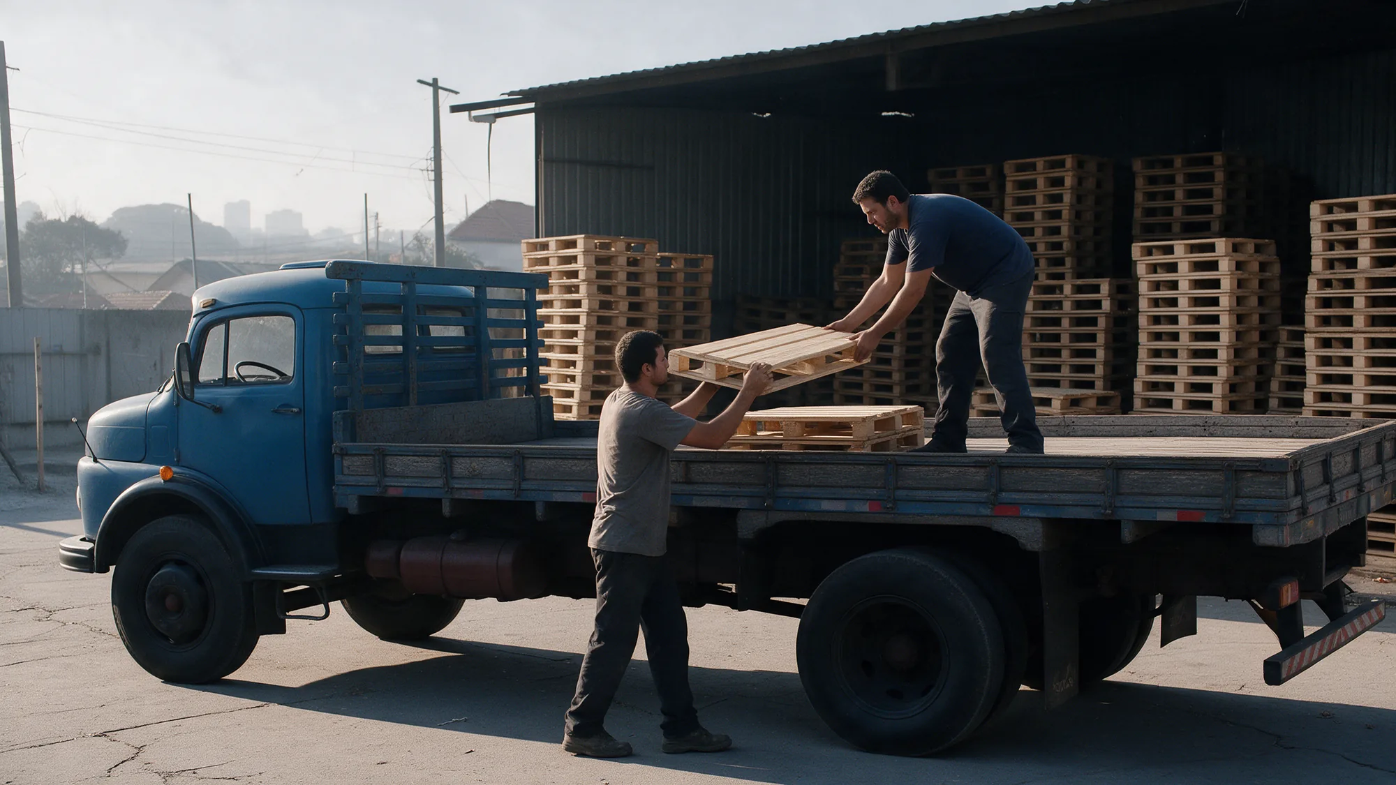 Dois funcionários da RM Pallets carregando paletes à mão no caminhão da empresa, no pátio