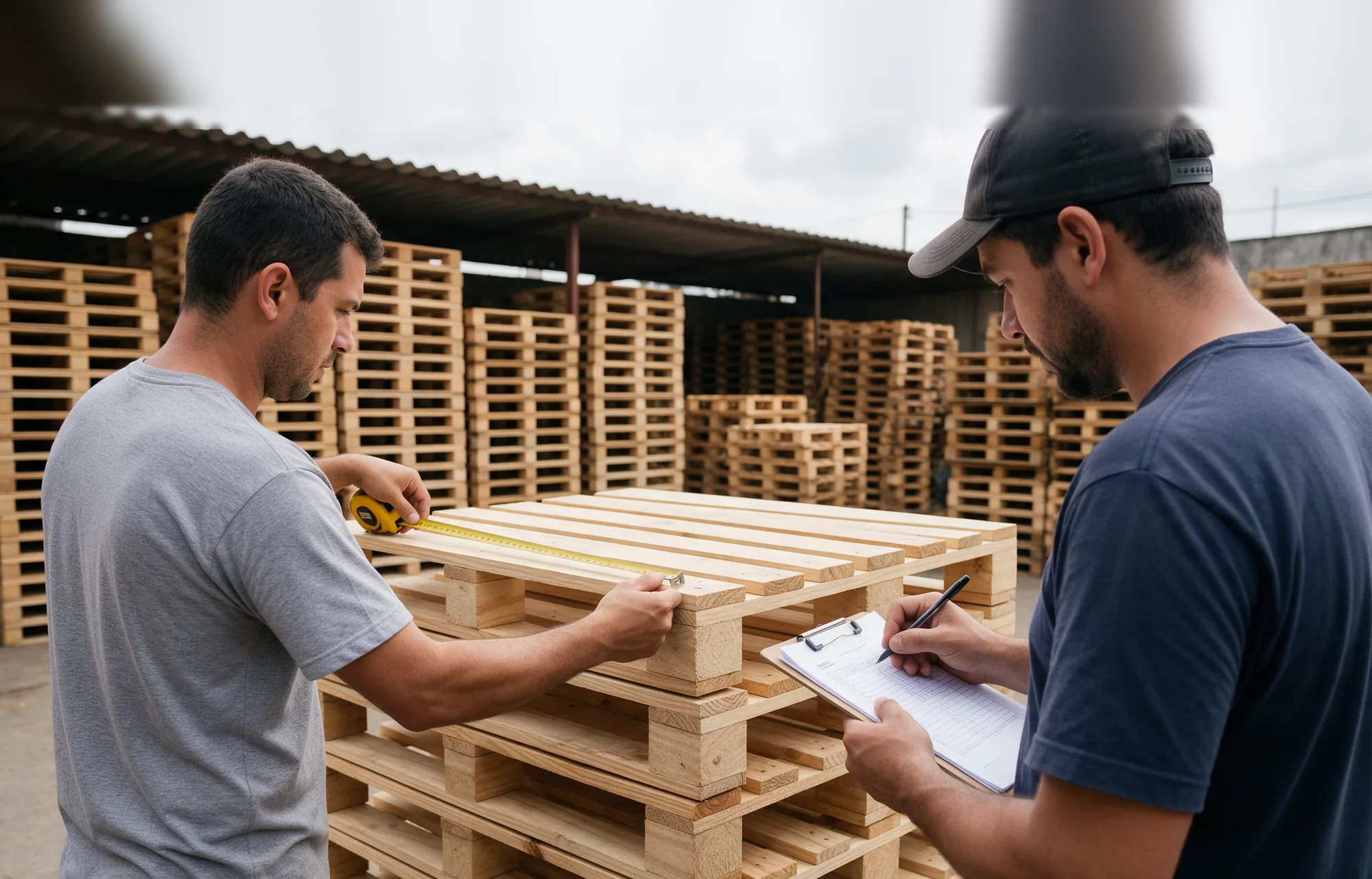Funcionário da RM Pallets conferindo a medida de um palete com trena, no galpão