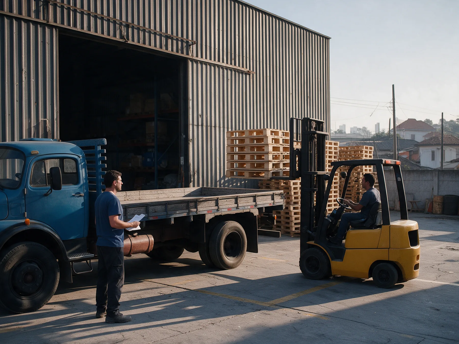 Caminhão da RM Pallets no pátio do cliente, entrega conferida pelo motorista