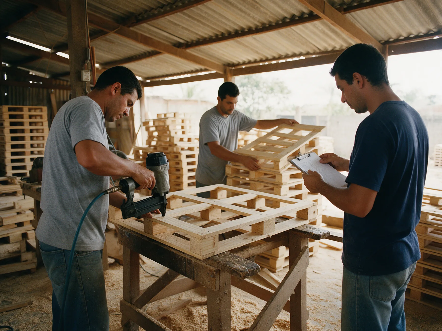Equipe da RM Pallets no galpão: pregadeira, empilhamento e conferência do pedido