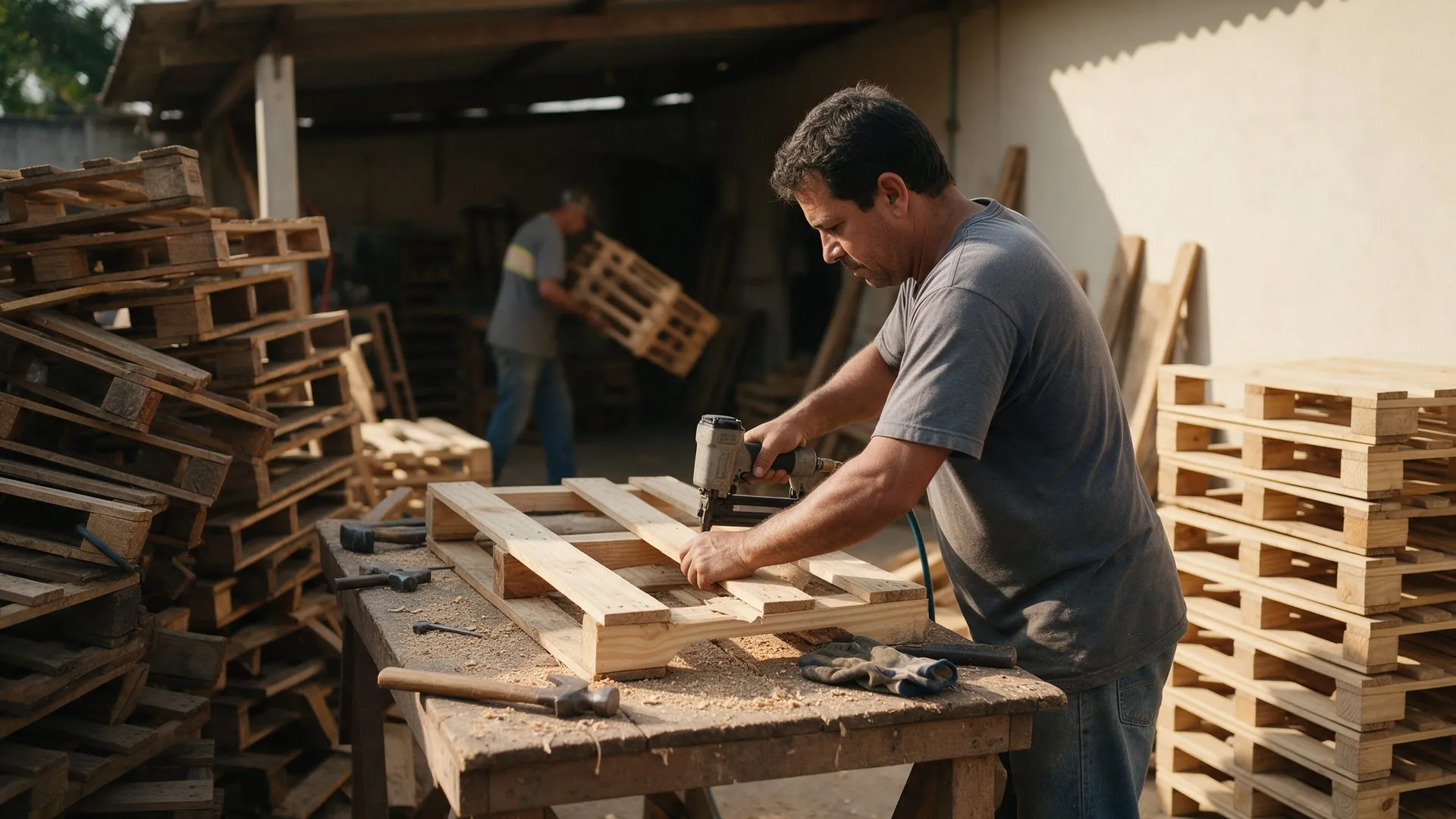 Paletes usados empilhados no pátio da RM Pallets, à espera de reforma